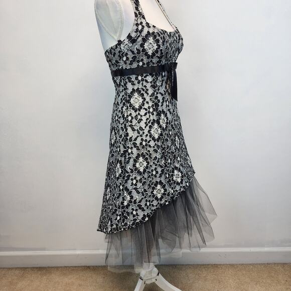 Cache Halter Lace Tulle Dress Size 6 Black Ivory Asymmetric Goth Prom Wedding - Picture 8 of 16